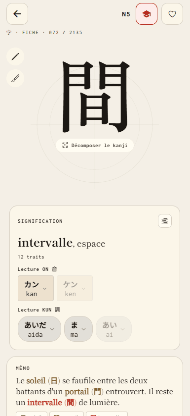 Fiche détaillée d'un kanji : lectures on/kun, sens et mémo